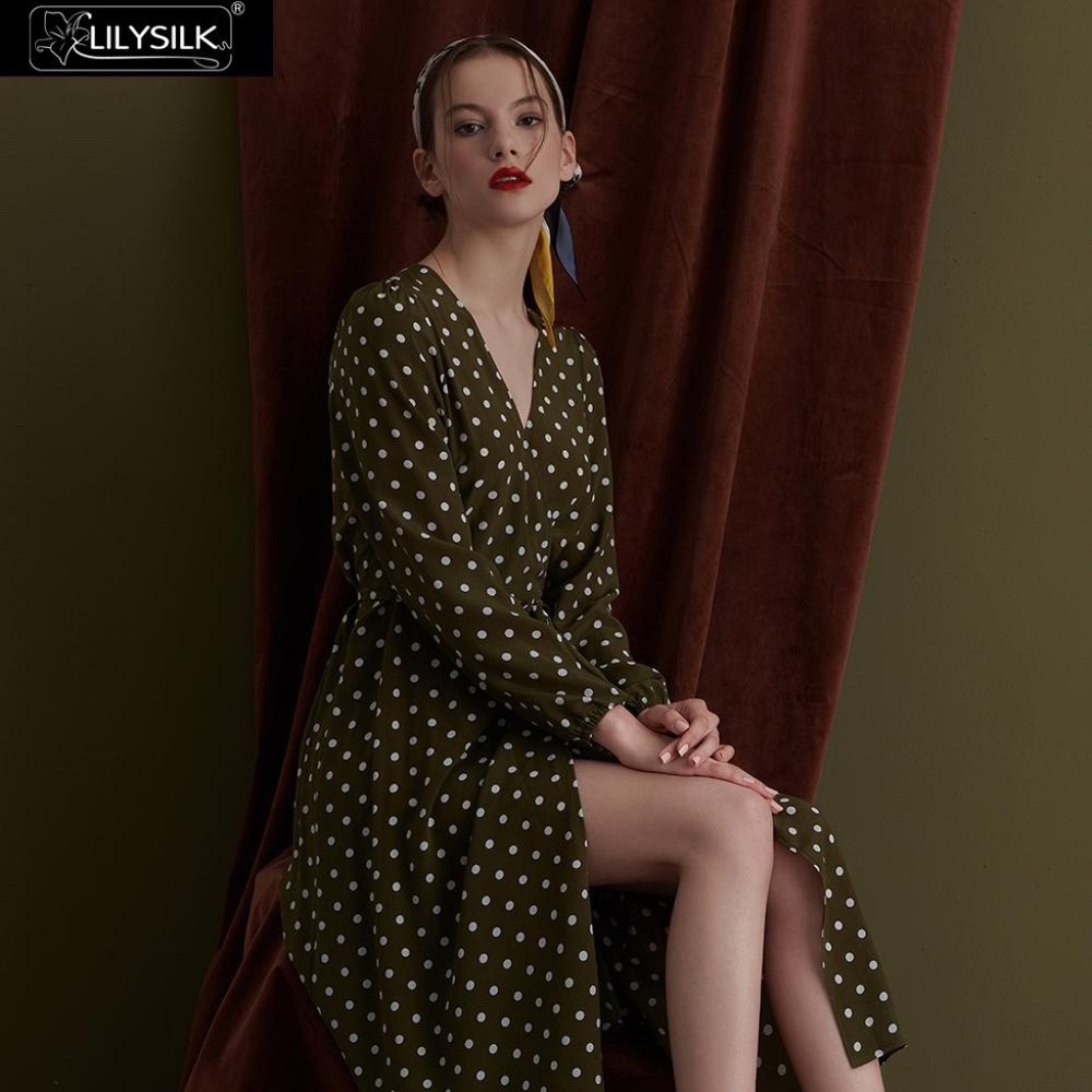 Lilysilk 100% Silk Polka Dot Wrap Midi Dress in Olive Green/White Sz L - Picture 3 of 10